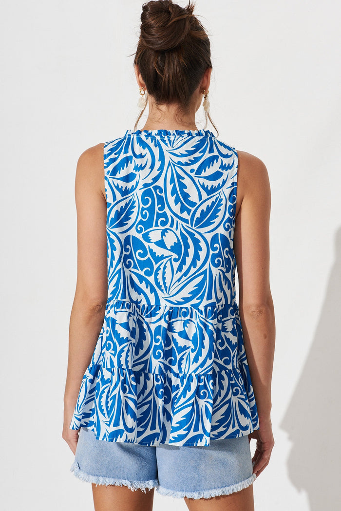 Asteria Top White With Blue Print Cotton - back