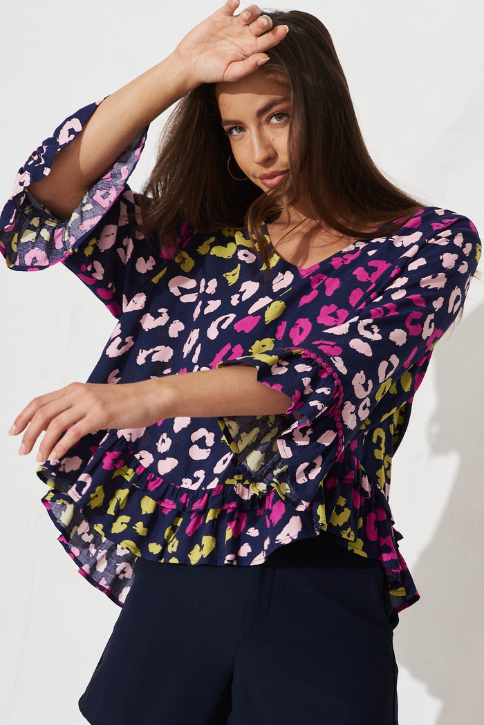 Arletta Top In Navy With Multi Leopard Print - front