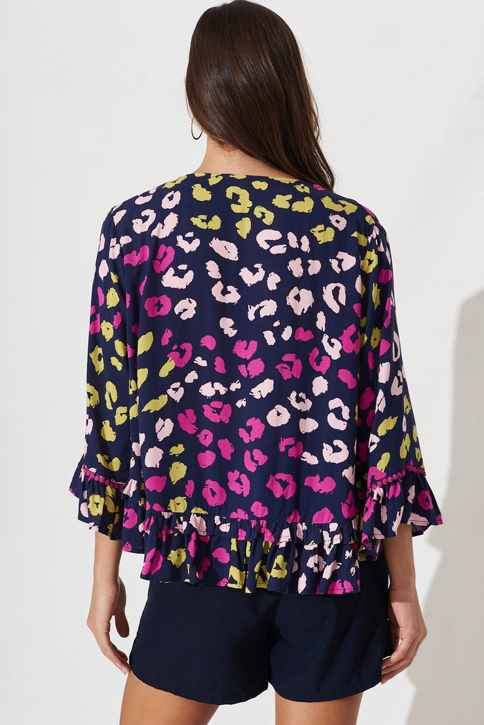 Arletta Top In Navy With Multi Leopard Print - back