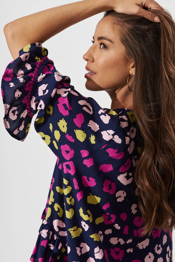 Arletta Top In Navy With Multi Leopard Print - detail