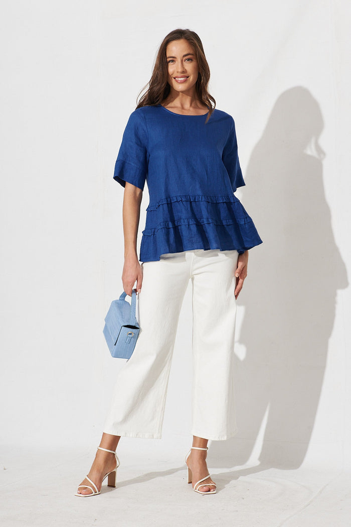 Hagia Top In Navy Linen - full length