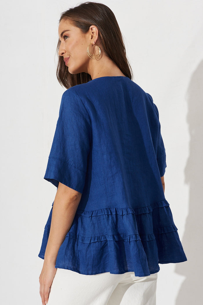 Hagia Top In Navy Linen - back