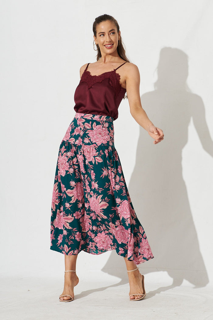 Hilda Midi Skirt In Green With Pink Floral - full length