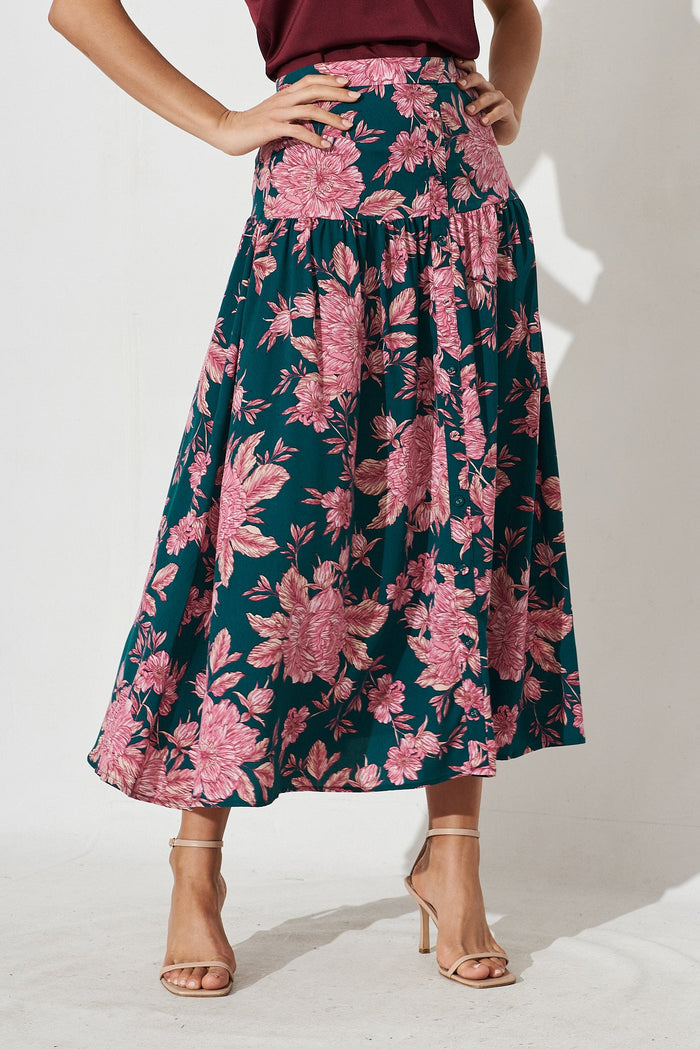 Hilda Midi Skirt In Green With Pink Floral - front