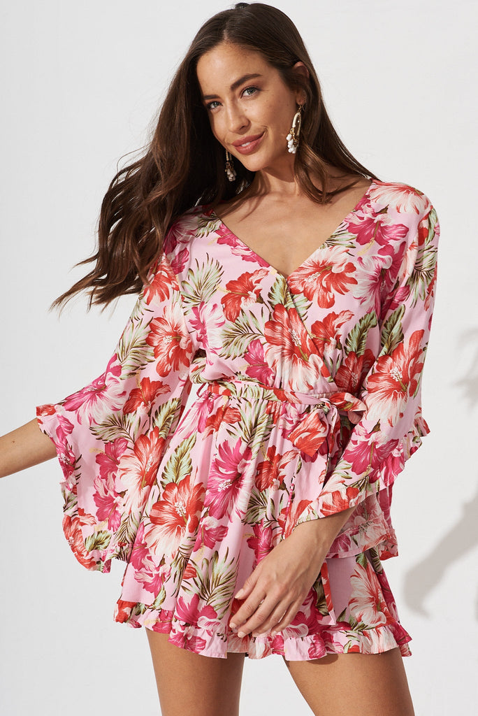 Elliana Playsuit In Light Pink With Pink Floral - front