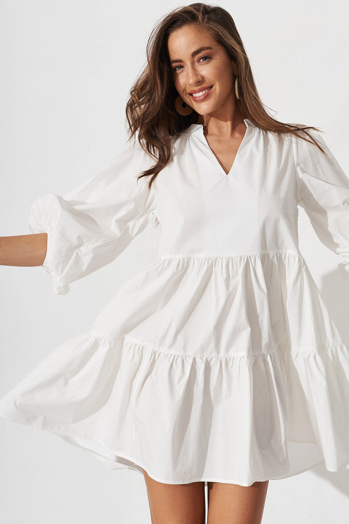 Tiani Tiered Dress In White Cotton - front