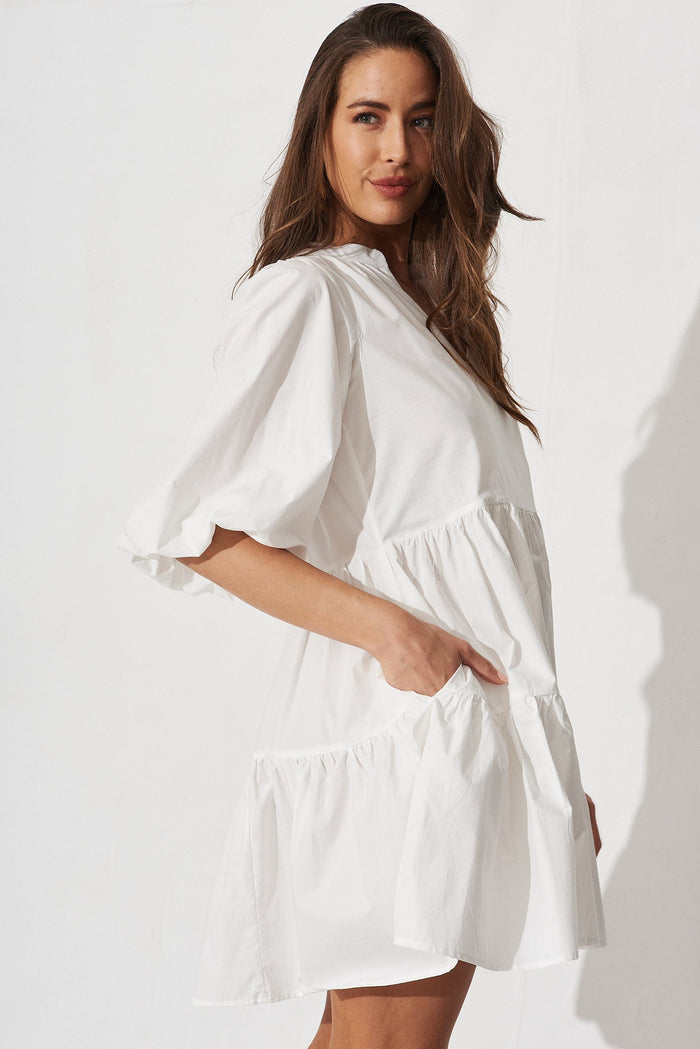 Tiani Tiered Dress In White Cotton - side