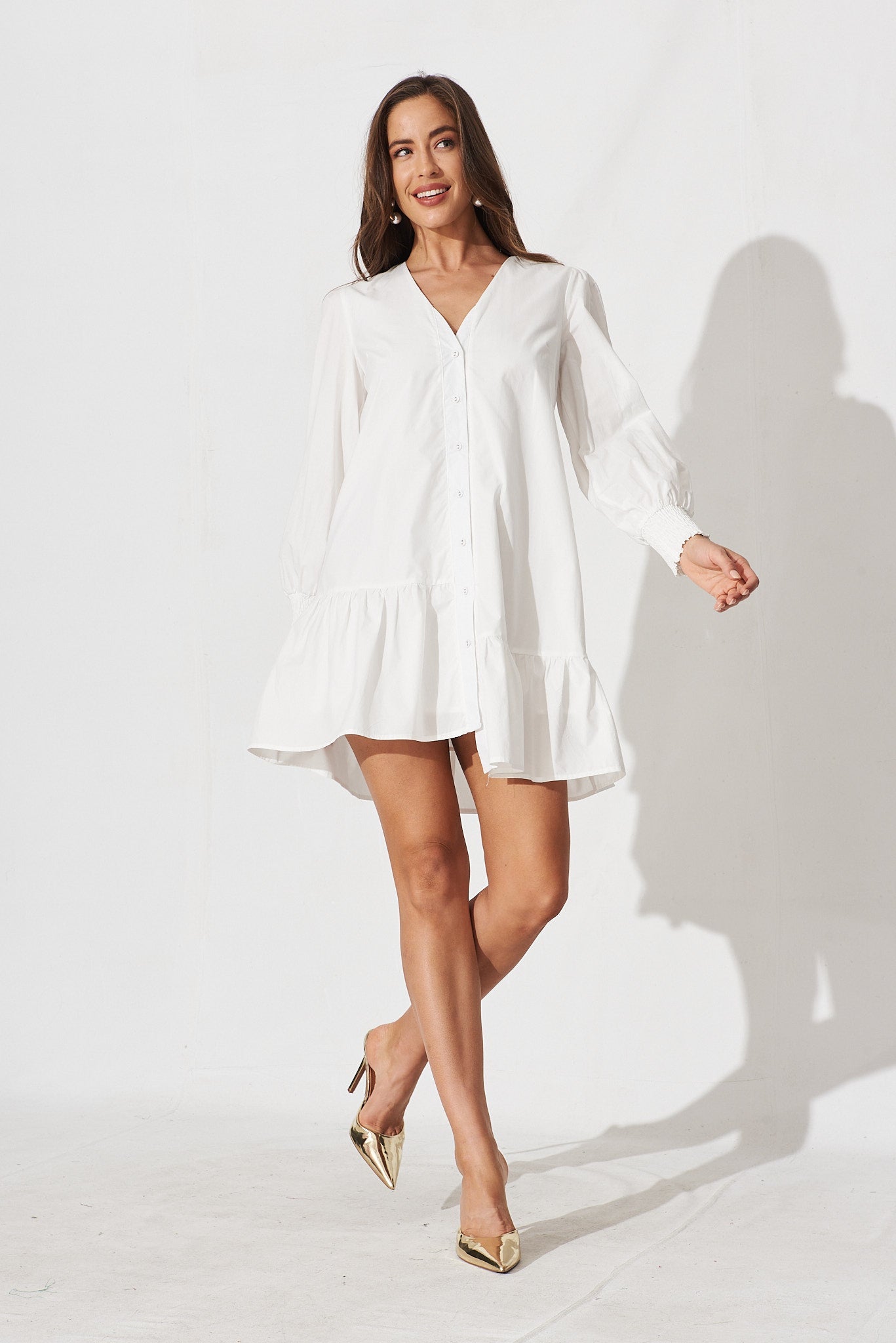 Relina Shift Dress In White Cotton - full length