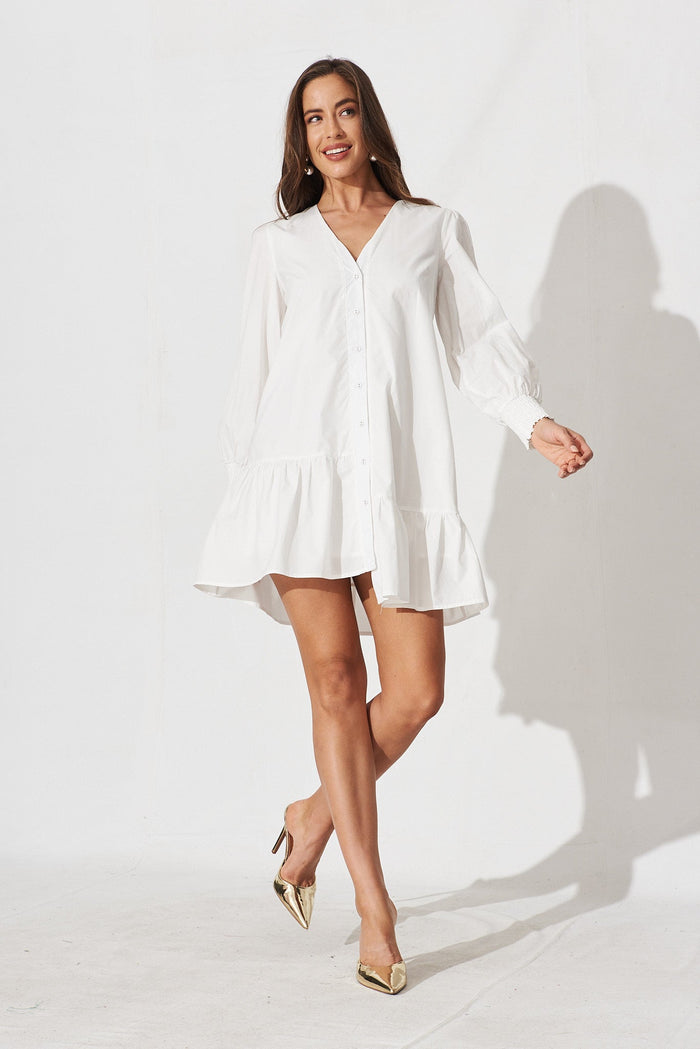 Relina Shift Dress In White Cotton - full length