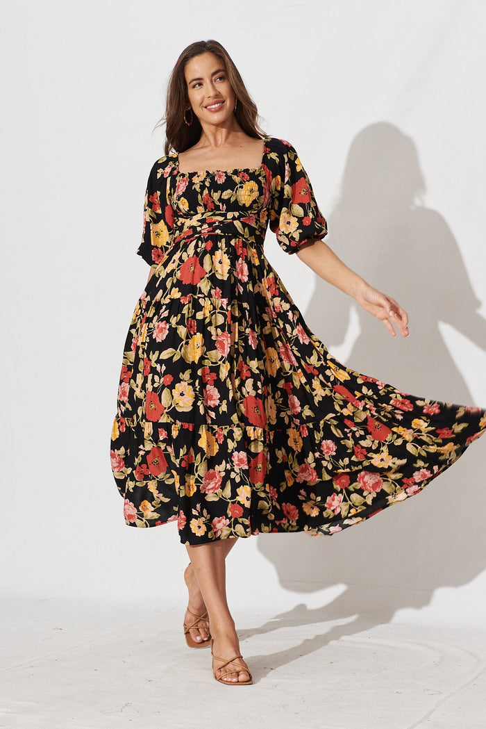 Tiare Midi Dress In Black With Red Floral - full length
