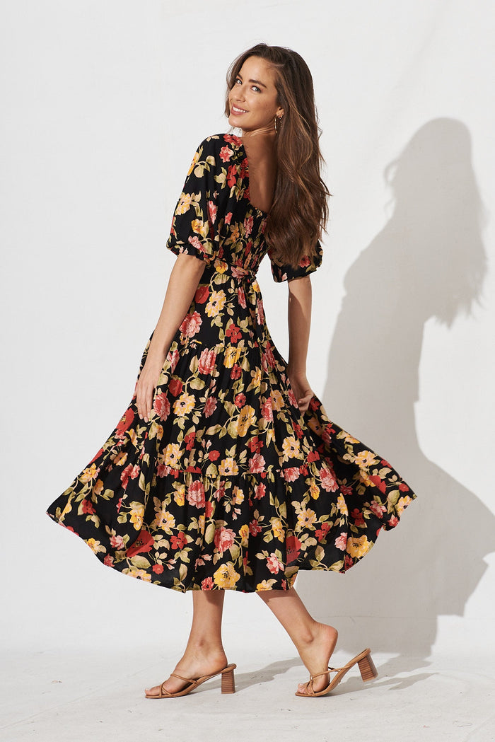 Tiare Midi Dress In Black With Red Floral - side