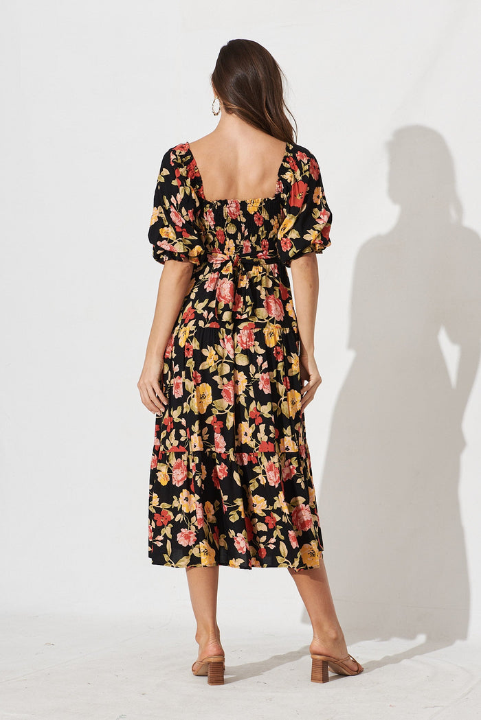 Tiare Midi Dress In Black With Red Floral - back