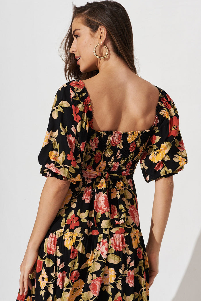 Tiare Midi Dress In Black With Red Floral - detail