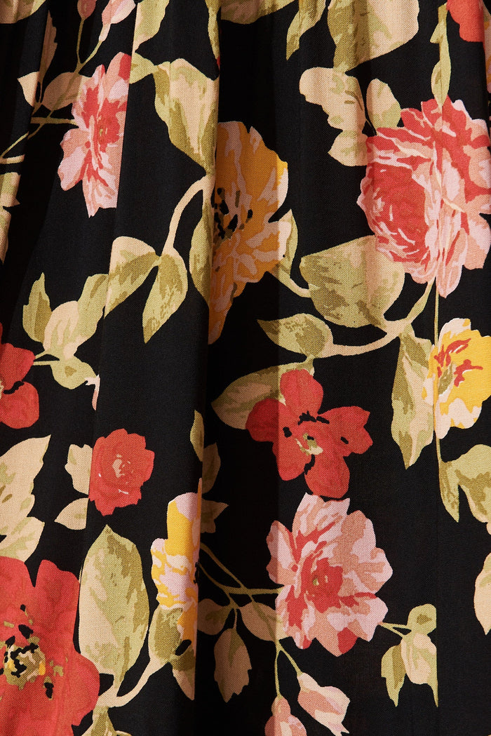 Tiare Midi Dress In Black With Red Floral - fabric