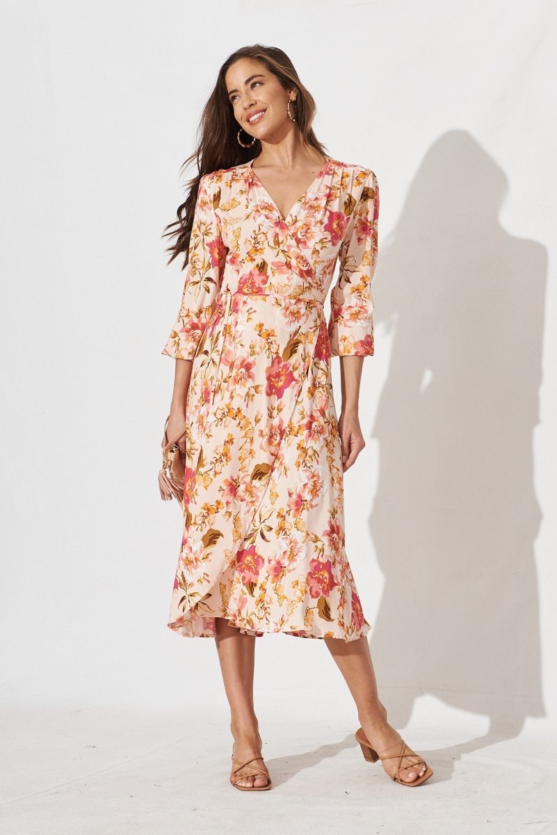 Celly Midi Wrap Dress In Peach With Pink Floral - St Frock (Dev)