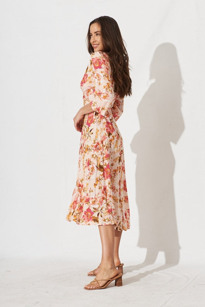 Celly Midi Wrap Dress In Peach With Pink Floral - St Frock (Dev)