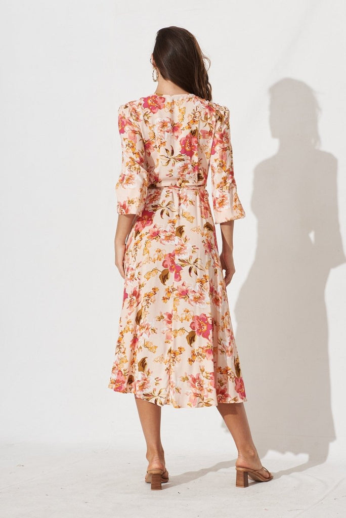 Celly Midi Wrap Dress In Peach With Pink Floral - St Frock (Dev)
