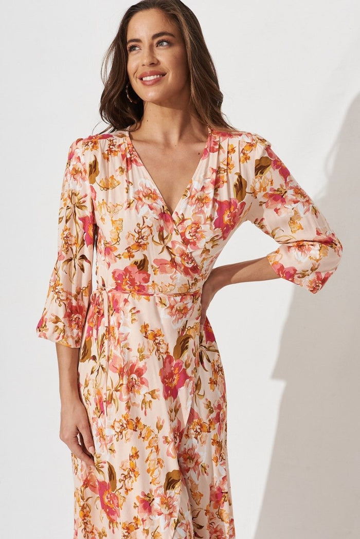 Celly Midi Wrap Dress In Peach With Pink Floral - St Frock (Dev)