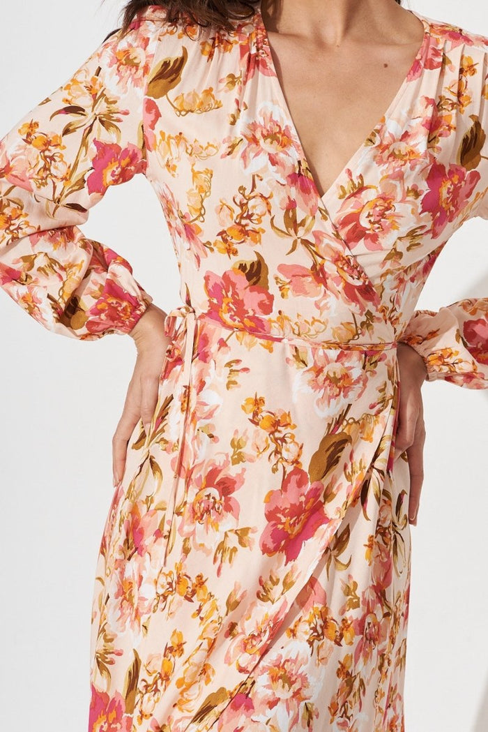 Celly Midi Wrap Dress In Peach With Pink Floral - St Frock (Dev)