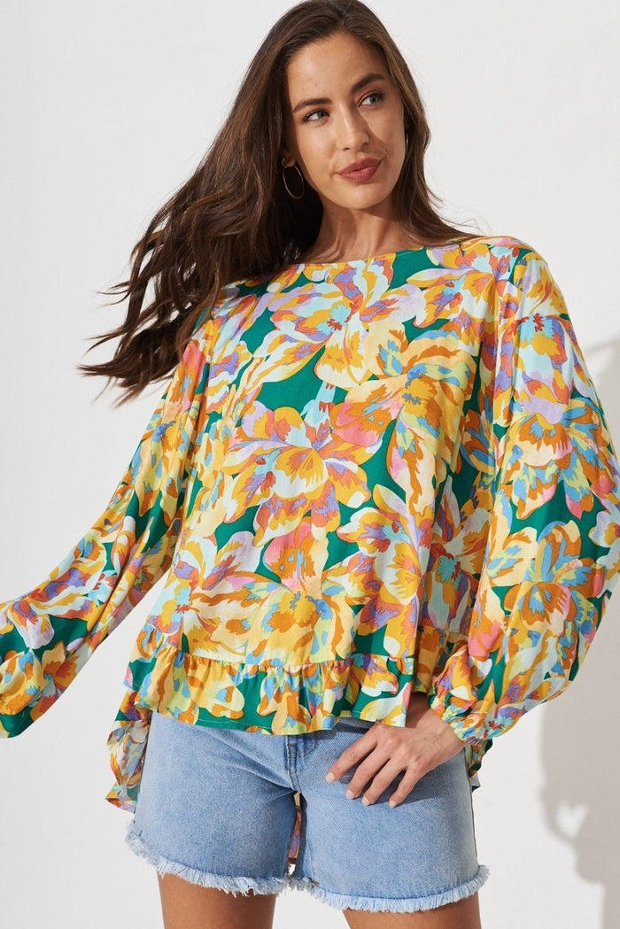 Brita Top In Green With Orange Floral - St Frock (Dev)