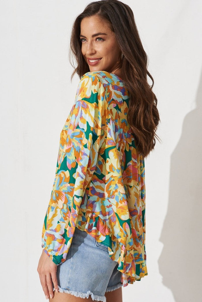 Brita Top In Green With Orange Floral - St Frock (Dev)