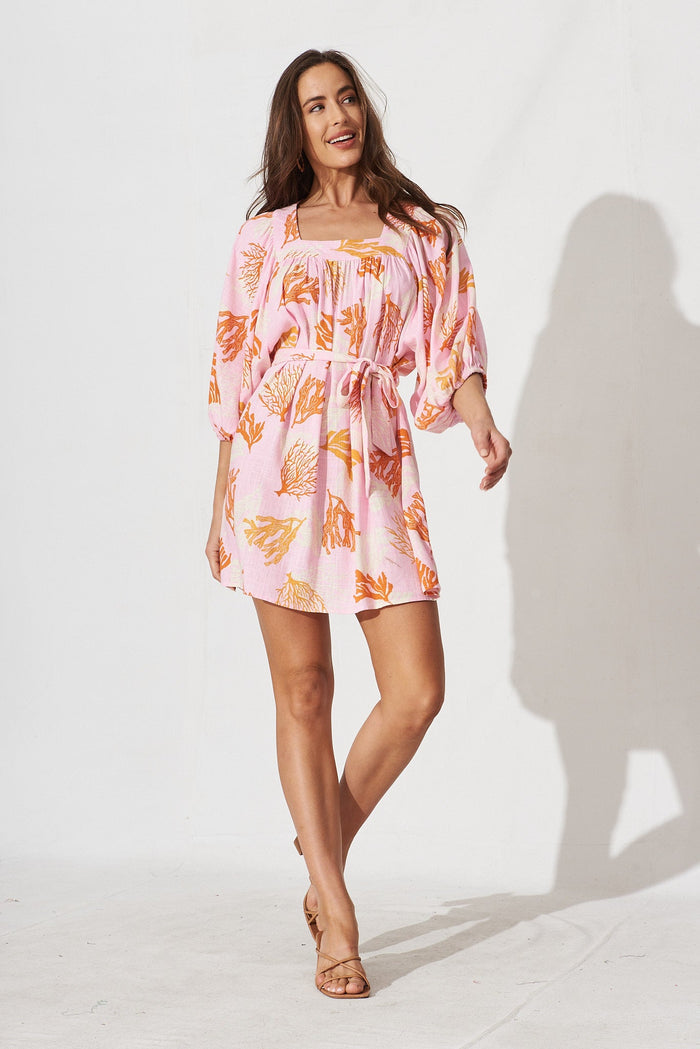 Artia Dress In Pink With Orange Print Linen Blend - St Frock (Dev)