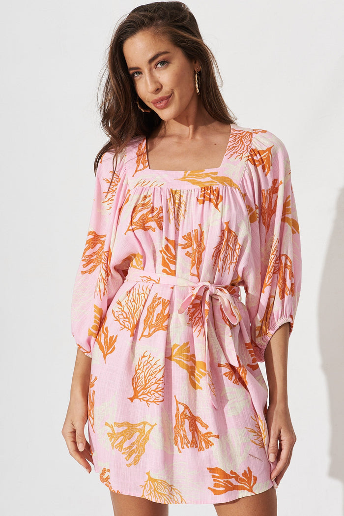 Artia Dress In Pink With Orange Print Linen Blend - St Frock (Dev)