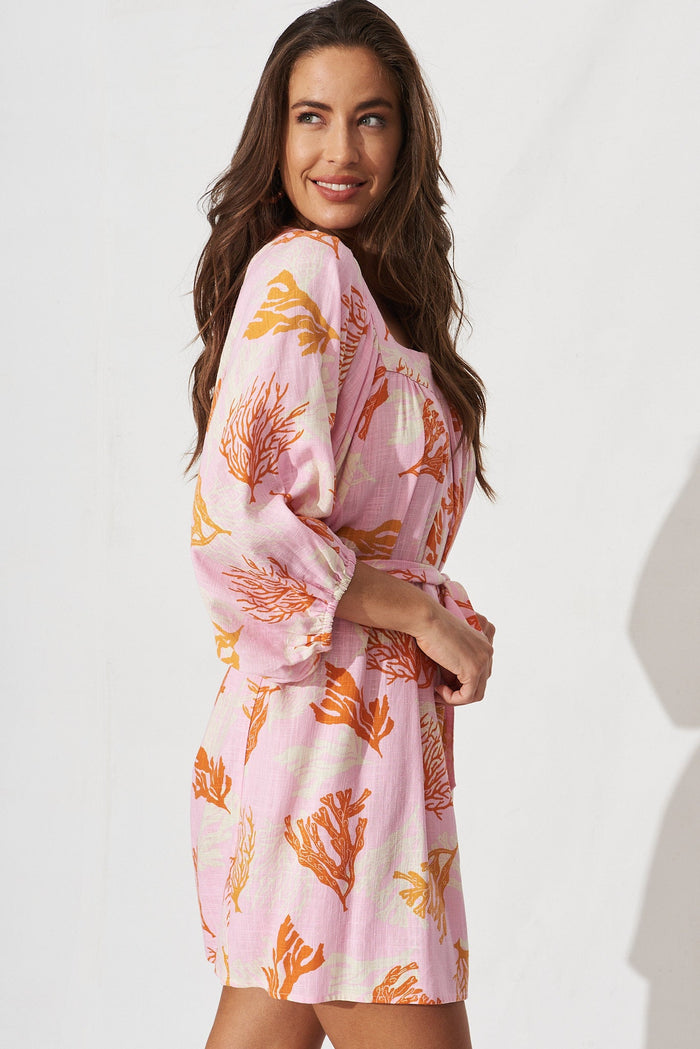 Artia Dress In Pink With Orange Print Linen Blend - St Frock (Dev)