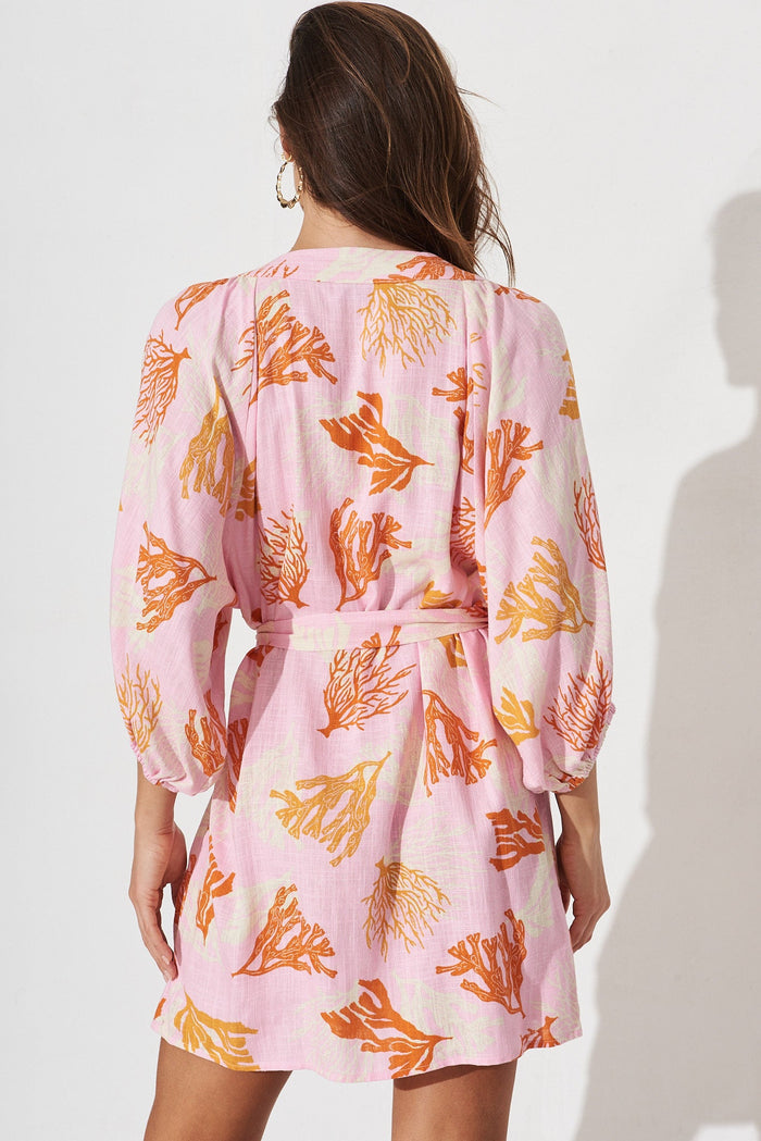 Artia Dress In Pink With Orange Print Linen Blend - St Frock (Dev)