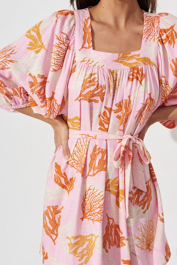 Artia Dress In Pink With Orange Print Linen Blend - St Frock (Dev)