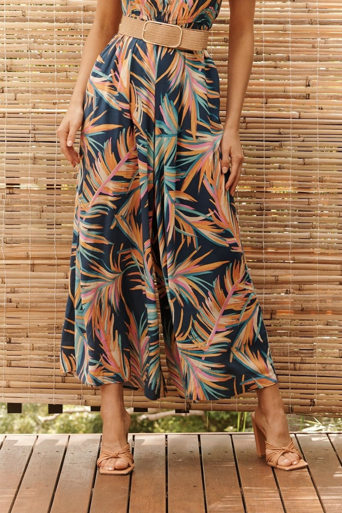 Canary Maxi Jumpsuit In Navy With Multi Feather Print - St Frock (Dev)