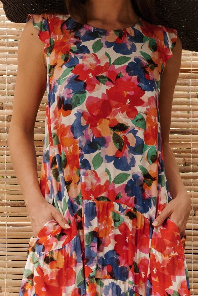 Calais Tiered Midi Dress In White With Multi Floral - St Frock (Dev)