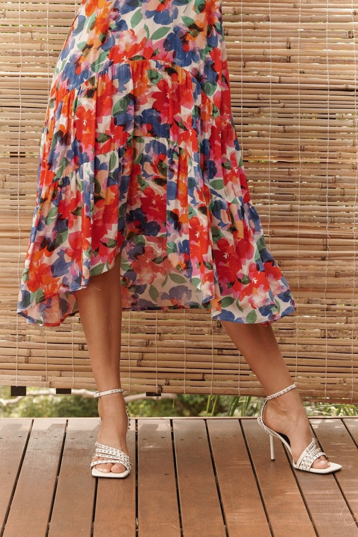 Calais Tiered Midi Dress In White With Multi Floral - St Frock (Dev)