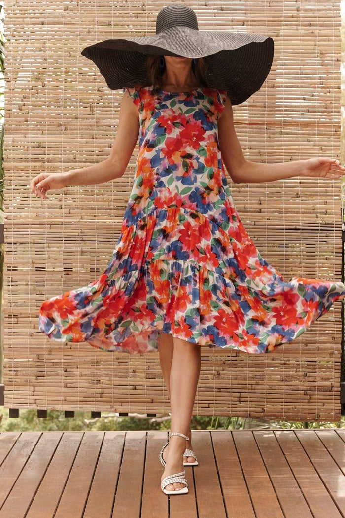 Calais Tiered Midi Dress In White With Multi Floral - St Frock (Dev)