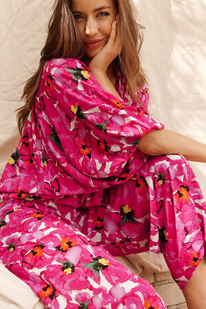 Solita Top In White With Fuchsia Floral
