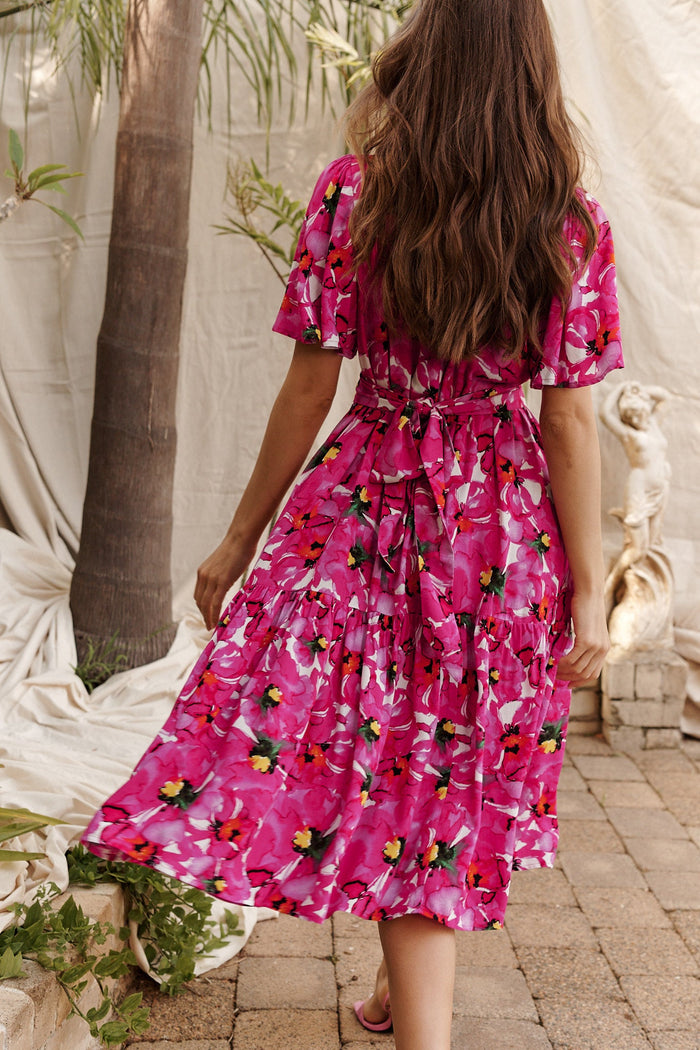 Amilee Midi Dress In White With Fuchsia Floral - St Frock (Dev)
