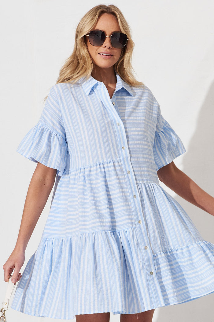 Freya Shirt Dress In Blue And White Stripe - front