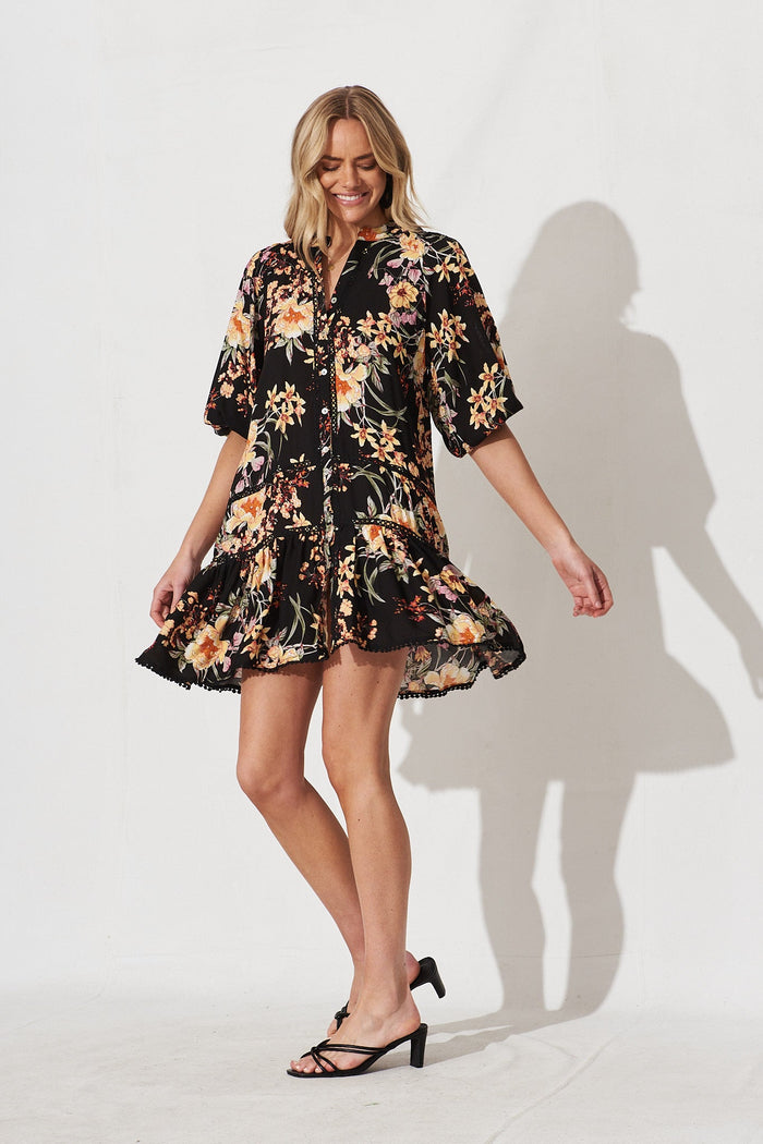 Ashanti Dress In Black With Cream Floral - full length
