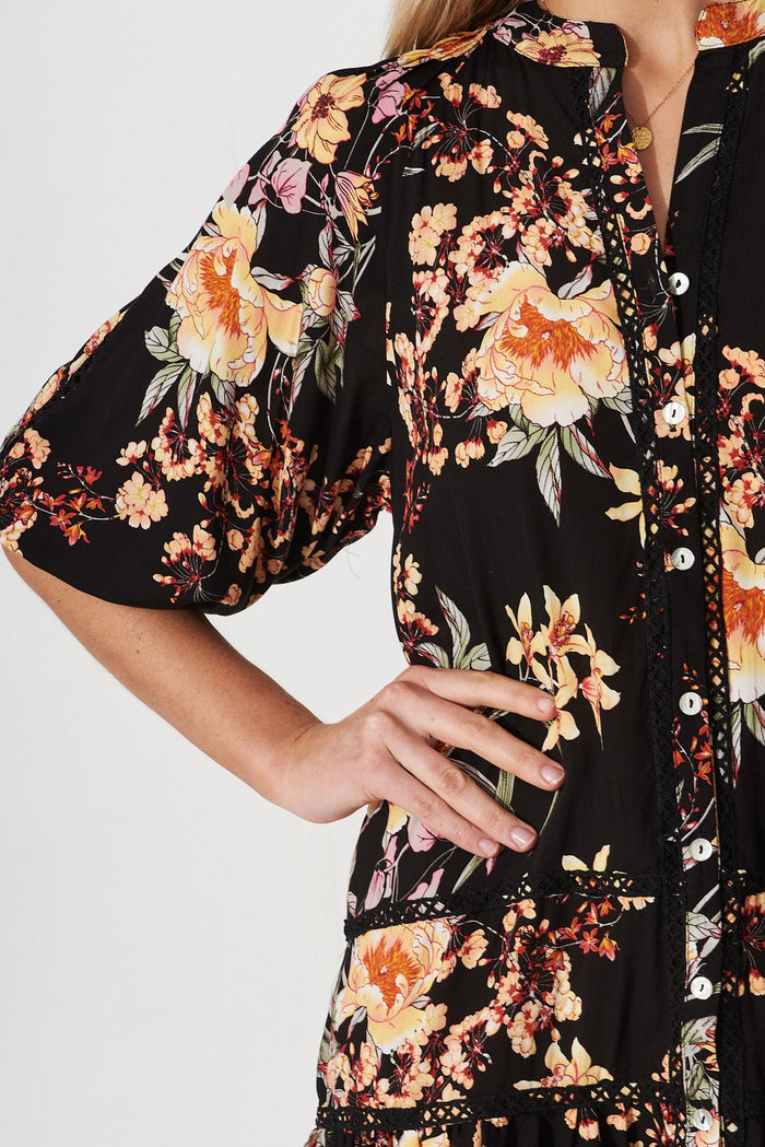 Ashanti Dress In Black With Cream Floral - detail