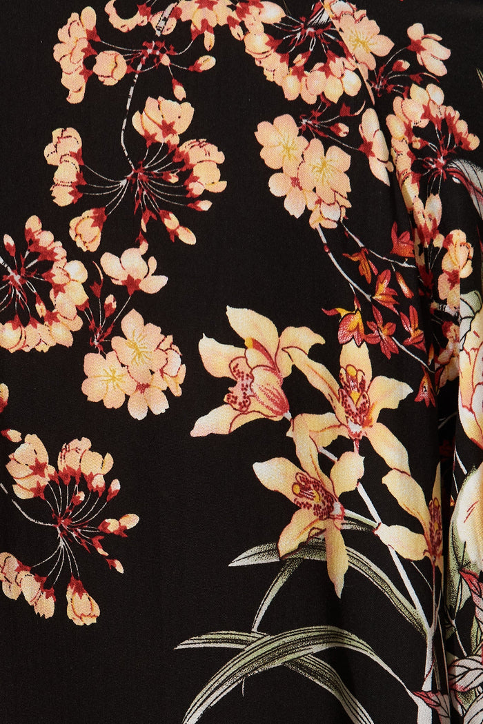 Ashanti Dress In Black With Cream Floral - fabric