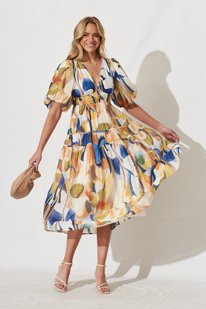 Amalie Midi Dress In White With Multi Print - full length