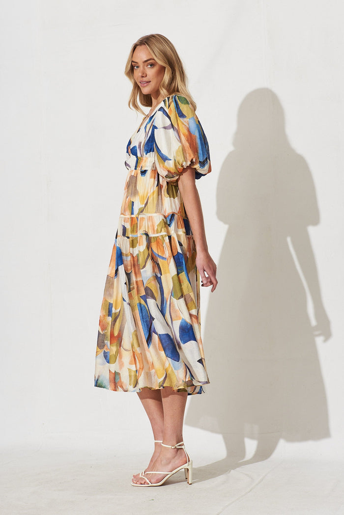 Amalie Midi Dress In White With Multi Print - side