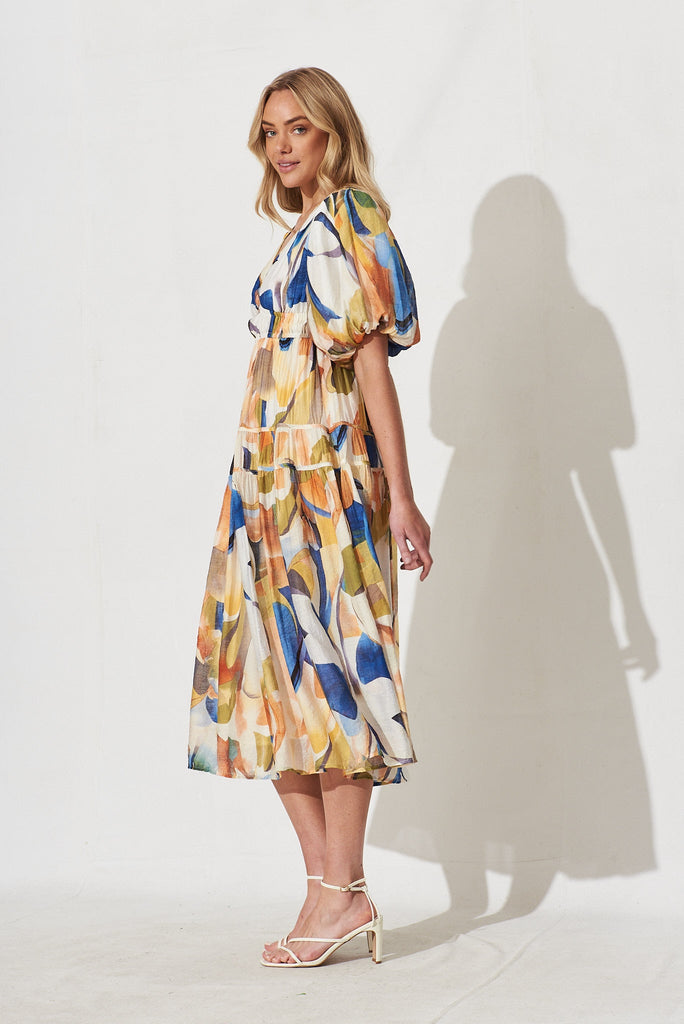 Amalie Midi Dress In White With Multi Print - side