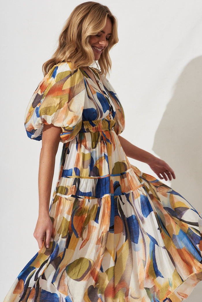 Amalie Midi Dress In White With Multi Print - detail