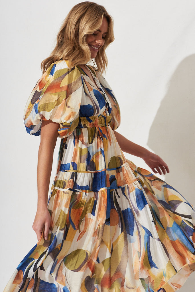 Amalie Midi Dress In White With Multi Print - detail