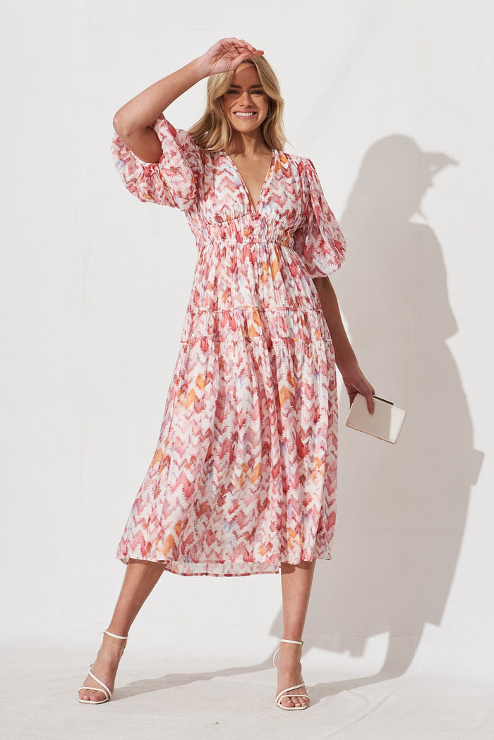 Amalie Midi Dress In White With Pink Print - St Frock (Dev)