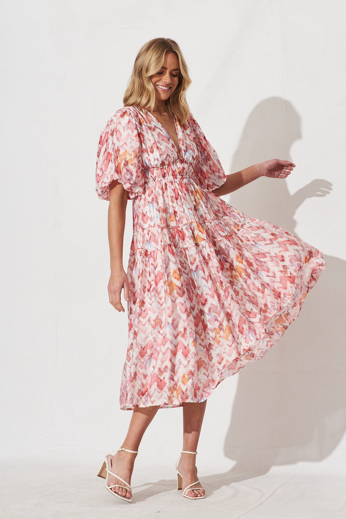 Amalie Midi Dress In White With Pink Print - St Frock (Dev)