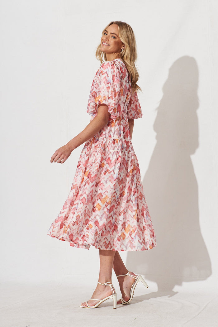 Amalie Midi Dress In White With Pink Print - St Frock (Dev)