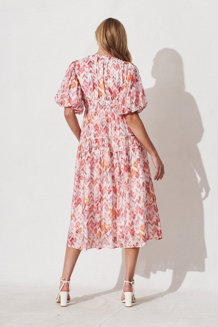 Amalie Midi Dress In White With Pink Print - St Frock (Dev)