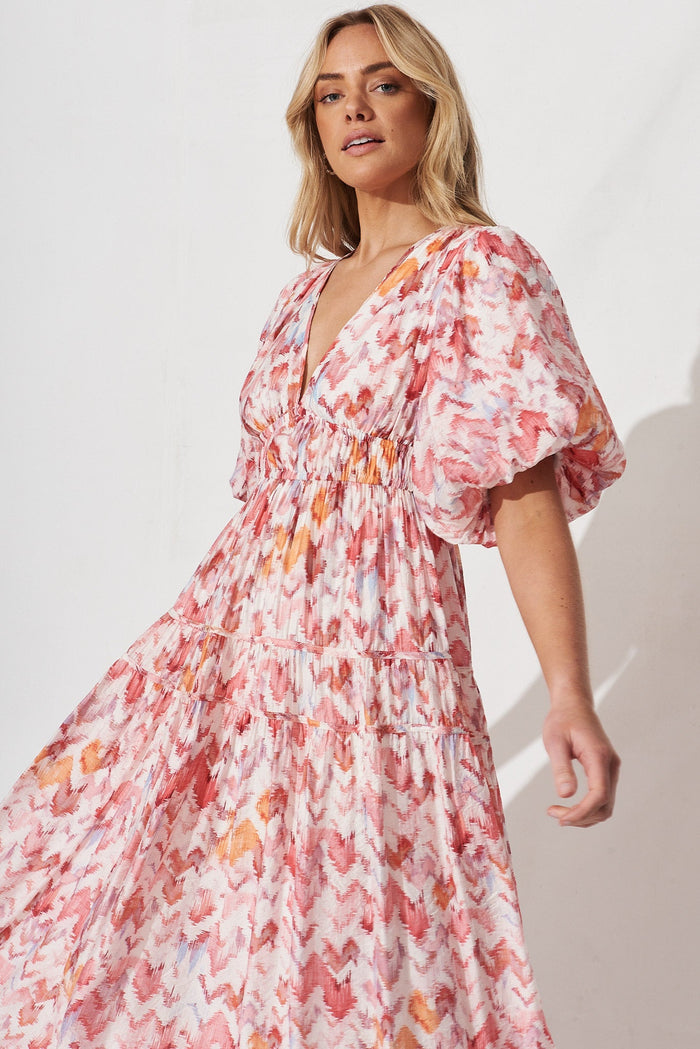 Amalie Midi Dress In White With Pink Print - St Frock (Dev)